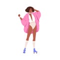 Retro fashion of 80s. Woman in funky outfit of 1980s. Young African girl in swimwear, fur coat, roller skates. Cool chic