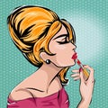 Retro fashion woman with lipstick profile portrait on vintage style background with dots,