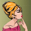 Retro fashion woman profile portrait on vintage style green background with dots,