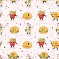 Retro fast food seamless pattern. Groovy burgers and funny drinks. Delivery cafe bar restaurant delivery, fabric snugly