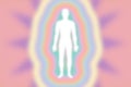 Retro feel peachy pink rainbow aura layers, energy field with white human body