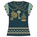 Retro female fashion t-shirt print design of heraldic key, bird cage, bike, chain gold and turquoise color.