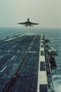 Retro fighter jet taking off from a carrier deck on a foggy day over the ocean.