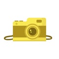 Retro film photo camera in a flat style isolated on white background. Old camera with strap. Royalty Free Stock Photo