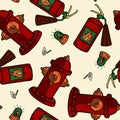 Retro Fire Extinguisher and Hydrant Seamless Pattern Background. Vector Illustration. Decor textile wrapping paper Royalty Free Stock Photo