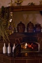 Retro fireplace in the rustic kitchen