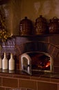 Retro fireplace in the rustic kitchen