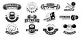 Retro fitness badges. Gym emblem, sport label and black stencil bodybuilding badge vector set