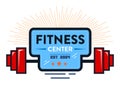 Retro fitness center emblem with radiant lines, blue and red. Dumbbell icon and establishment year with stars