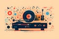 Retro Flat Design Illustration of a Record Player with Floating Musical Notes and Guitar Royalty Free Stock Photo