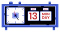 Retro flip clock showing time and date with Monday 13. Analog clock and digital date display on blue background. Time