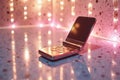 Retro flip phone on sparkling surface with warm ambient lighting