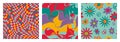 Retro floral, abstract and groovy patterns. Daisy graphic seamless print. Geometric chess and trippy posters. Colorful
