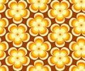 Retro floral, Mid Century modern flowers in orange, yellow, brown colors, 1970s mod style, seamless vector pattern