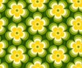 Retro floral, Mid Century modern flowers in yellow, green colors, 1970s mod style, seamless vector pattern Royalty Free Stock Photo