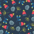 Retro florals seamless vector background. 1960s, 1970s flower design. Red, blue, and yellow doodle flowers on a blue background. Royalty Free Stock Photo