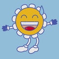 Retro flower emoji laughing sweat smile. Vintage flower naive emoticon