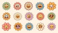 Retro flower groovy sticker, vector cute cartoon character with smiley face, funny hippy daisy flower