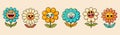 Retro flower groovy sticker ,vector cute cartoon character with smiley face, funny hippy daisy flower Royalty Free Stock Photo