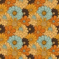 Retro flower pattern. Hippie 70s floral repeat background. Warm abstract floral print, fabric design. Vintage seamless Royalty Free Stock Photo