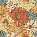 Retro flower pattern. Hippie 70s floral vector repeat background. Warm abstract floral print, fabric design. Vintage Royalty Free Stock Photo