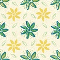 Retro flowers and leaves seamless vector pattern background. Painterly yellow and green blooms foliage with offset color Royalty Free Stock Photo