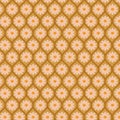 Retro white flowers in brown ogee oval seamless pattern on mustard green background.