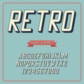 Retro font and alphabet. Slanted alphabet and numerals. Vintage typography, letters with shadow. Vector.