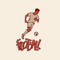 Retro football player in sports uniform run with ball. Vintage soccers motion. Vector outline illustration imitation