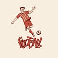 Retro football soccer in sports uniform going to penalty kick ball. Vintage footballer motion. Vector outline Royalty Free Stock Photo
