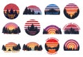 Retro forest sunset. Wild camp, sunrise camping and nature trees with grunge 80s striped sun background vector set