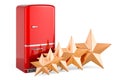 Retro fridge with five golden stars. Customer rating of refrigerators. 3D rendering Royalty Free Stock Photo