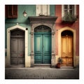 Retro front doors to houses. AI generative illustration of grey, green, brown wooden home entrance doors, view from old