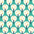 Retro fruit trees white teal yellow - vector seamless pattern. Vintage inspired simple background. Flat Scandinavian style.