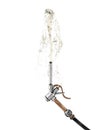 Retro fuel nozzle pump shoots a jet of gasoline up on white background 3d