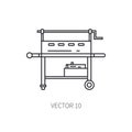 Retro furniture, compact bbq grill and smokehouse vector line icon. Summer travel vacation, tourism, camping equipment