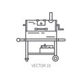 Retro furniture, compact bbq grill and smokehouse vector line icon. Summer travel vacation, tourism, camping equipment