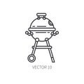 Retro furniture, compact bbq grill and smokehouse vector line icon. Summer travel vacation, tourism, camping equipment