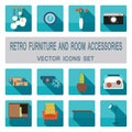 Retro furniture and room accessories with shadows vector icons set. Home furniture icons set Royalty Free Stock Photo