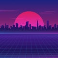 Retro future 80s style sci-fi wallpaper. Futuristic night city. Cityscape on a dark background with bright and glowing neon purple Royalty Free Stock Photo