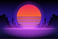 Retro future 80s style sci-fi wallpaper. Futuristic night city. Cityscape on a dark background with bright and glowing neon purple Royalty Free Stock Photo