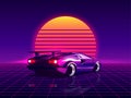 Retro Futuristic Back Side View 80s Supercar On Trendy Synthwave, Vaporwave, Cyberpunk Sunset Background. Back To 80s Concept.