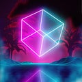 Retro futuristic background for game. Music 3d dance galaxy poster. 80s background disco. Neon cube synthwave digital Royalty Free Stock Photo