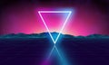 Retro futuristic background for game. Music 3d dance galaxy poster. 80s background disco. Neon triangle synthwave