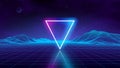 Retro futuristic background for game. Music 3d dance galaxy poster. 80s background disco. Neon triangle synthwave