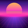 Retro futuristic background vaporwave. Neon geometric synthwave grid, light space with setting sun.