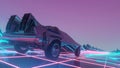 Retro futuristic car in 80s style moves on a virtual neon landscape. 3d illustration