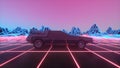 Retro futuristic car in 80s style moves on a virtual neon landscape. 3d illustration