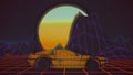 Retro futuristic car with a sun in the background. 3d rendering Royalty Free Stock Photo