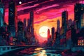 Retro futuristic city background. 80s sci-fi synthwave cityscape